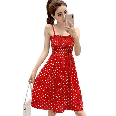 

Womens Dot Print Ruched Spaghetti Strap Sleeveless Chiffon Midi Dress