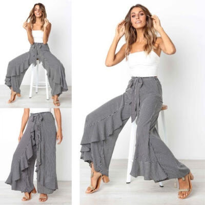 

Sexy Striped Bow Tie Women High Waist Ruffle Wide Leg Long Pants Trousers