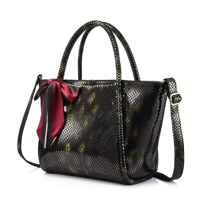 

REALER brand women genuine leather handbag female shoulder bag with serpentine prints large capacity ladies bag tote with bow