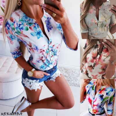 

Fashion Women Ladies Casual Chiffon T Shirt Floral Print Half Sleeve Blouse Tops