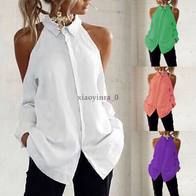 

Womens Sexy Halter Cold Shoulder Long Sleeve Tee Top Blouse T Shirt Loose -2XL