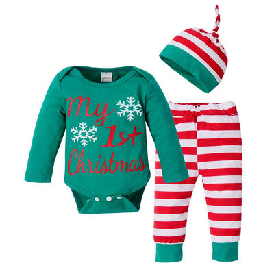 

3pcs Christmas Newborn Baby Letter Snowflake Romper Striped Pants Hat Set