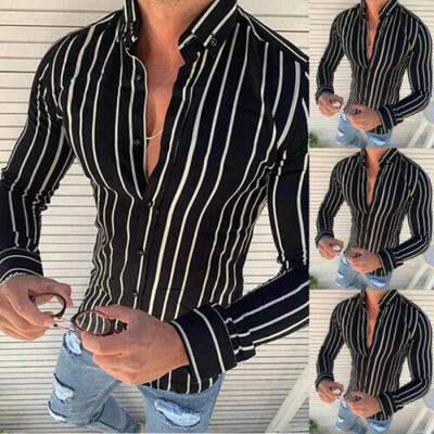 

Mens Autumn Black Long Bottom Striped Shirt Linen Casual Slim Shirt T-Shirt Top