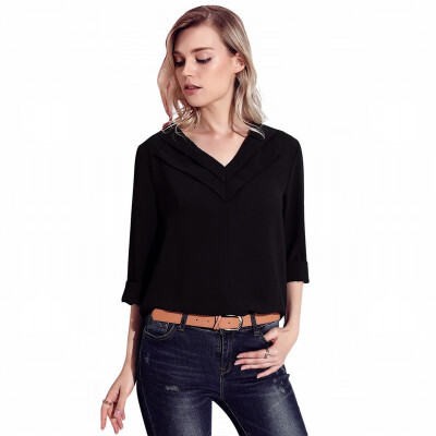 

Shirt womens long-sleeved versatile loose tooling solid color V-neck shirt
