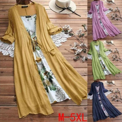 

Autumn 2Pcs Set Ladies Cotton Linen Cardigan Women Casual Printing&Dyeing Dress Plus Size