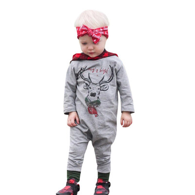 

Newborn Infant Baby Boy Girl Deer Plaid Hooded Romper Jumpsuit Christmas Clothes