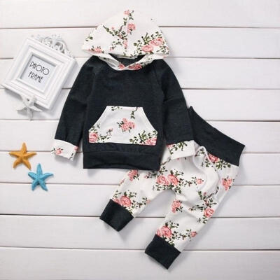 

2Pcs Newborn Baby Boy Girl Kids Hooded TopsLong Pants Floral Outfit Clothes Set