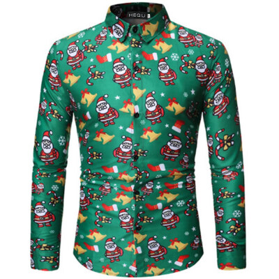 

2019 New Arrival Hot Sale Casual Christmas Santa Christmas Tree 3D Print Shirt Long Sleeve Stand Collar Slim Fit Shirt Plus Size