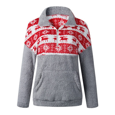 

Women Plush Sweater Zipper Pocket Christmas Print Sweatshirts Long Sleeve Casual Warm Winter Autumn Loose Tops -XL