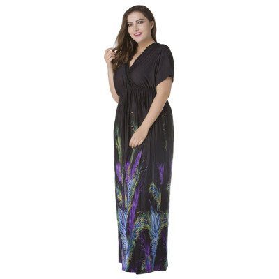 

Sexy Women Plunge V Neck Print Plus Size Dress Ruched Big Size Maxi Party Dress Black