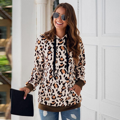 

Women Leopard Hoodies Hooded Sweatshirt Fleeces Drawstring Loose Warm Autumn Winter Pullovers Casual Tops Outwear