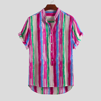 

Toponeto Mens Cotton Printed Hawaiian Stand Collar Short Sleeve Loose Shirts