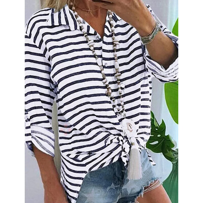 

Starmoon Women Summer Long Sleeve V-neck Striped Casual Loose Plus Size Shirts