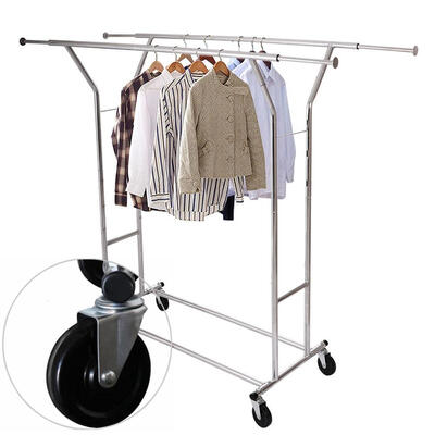 

Rolling Double Garment Drying Clothes Rack Hanger Collapsible Clothing Stand