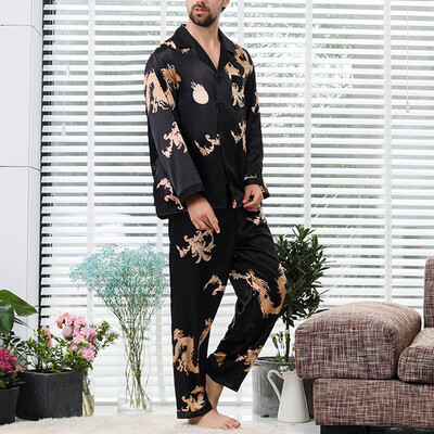 

Mens Faux Silk Pajamas Pyajamas Set Sleepwear Nightwear Long Sleeve Loungewear