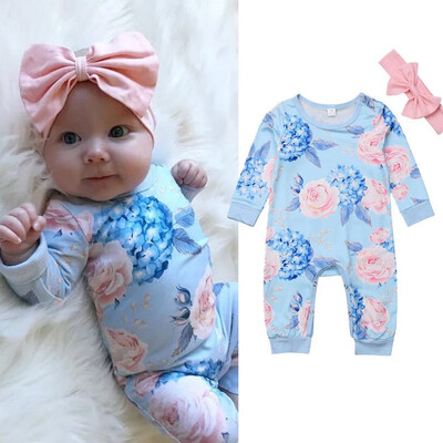 

Blue Infant Baby Girl Floral Romper Bodysuit JumpsuitHeadband Clothes Outfit 2pcs