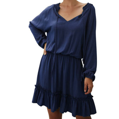 

Women Autumn Sweet Fashion Concise All-match Solid Color Long Sleeve V-neck Dress