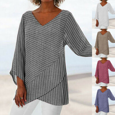 

Womens Striped V Neck Blouses Loose Baggy Tops Tunic T Shirts Plus Size