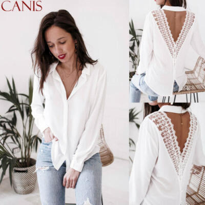 

Summer Womens Sexy Lace V-Neck Backless T-shirt Long Sleeve Loose Tops Blouse