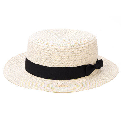 

Lady Boater Sun Caps Ribbon Round Top Straw Beach Hat Summer for Women Straw Hats Handmade