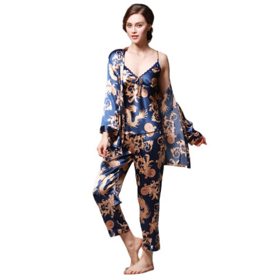 

Toponeto Women Simulation Silk Print Pajamas Three-Piece Long-Sleeved Trousers Camisole