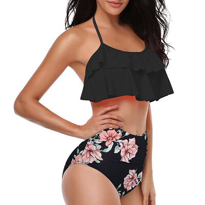 

Saidsome Women Two Piece Plus Size Sexy Backless Halter Floral Printed Swimwear Set
