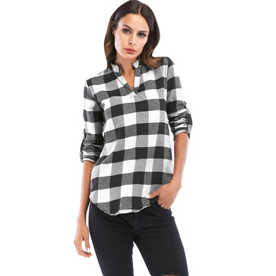 

V Neck Long Sleeve Checkered Print Women Shirt