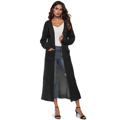 

Collarless Long Sleeve Pocket Slit Open Front Knit Solid Color Women Cardigan