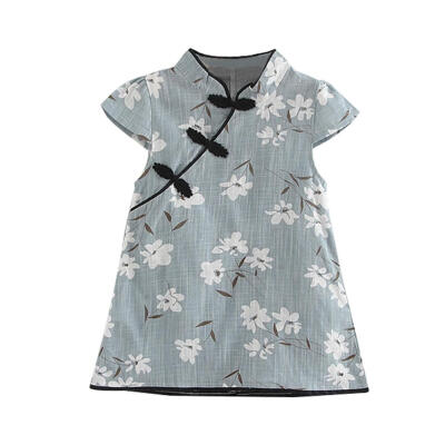 

Kids Girls Short Sleeve Traditional Cheongsam Retro Dress Bamboo Print Suit