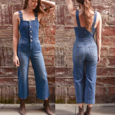 

Tailored Fashion Womens Denim Button Bib Pants Pocket Sexy Long Rompers Flares Jumpsuits