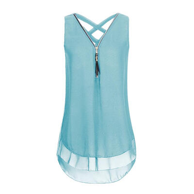 

Women Chiffon Shirts Sleeveless Zipper V Neck Cross Summer Loose Vest Tops