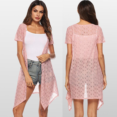 

Spring Women Lace Cardigan Solid Color Short Sleeve Front Open Summer Asymmetric Bikini Cover Up Beachwear