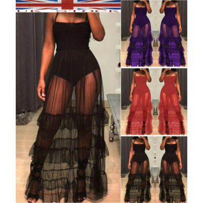 

Long Summer Sexy Party Skirt Gown Women Lace Mesh See-through Maxi Dress Beach
