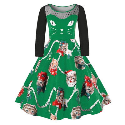 

Gobestart Women Plus Size Fashion Christmas Plus Size Kitten Pattern Swing Dress