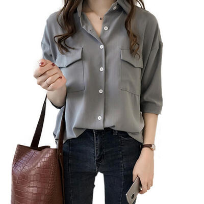 

Women Concise Casual Solid Color Middle Sleeve Striped All-match Loose Standing Collar Shirts