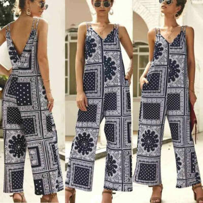 

UK Boho Women V Neck Floral Pocket Playsuit Ladies Summer Long Jumpsuit Trousers