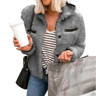 

New Autumn Winter Women Fashion Lamb hair Lapel Long sleeve Button Coat Solid color Short paragraph Plush Coat