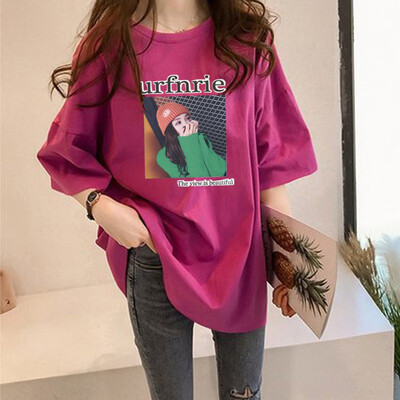 

Women Summer Round Collar Cartoon Print Loose Half Sleeve Casual T-Shirt Simple Wild Tops