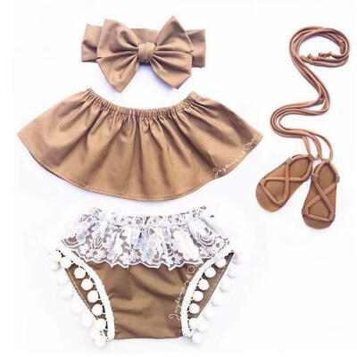 

3PCS Kids Baby Girl Summer Off Shoulder Top TankShort Pants Outfit Clothes Set