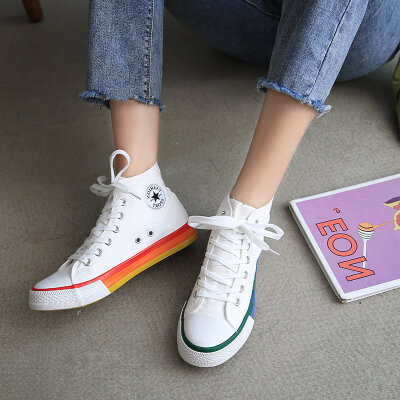 

Rainbow high-top canvas shoes womens shoes tide shoes Korean version of ulzzang explosive shoes