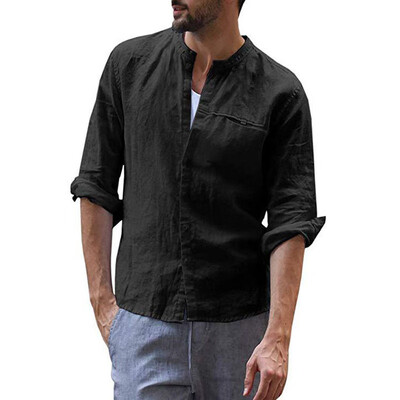 

Mens Loose Shirt Mature Tops Round Collar Long Sleeve Soild Color Button Blouse