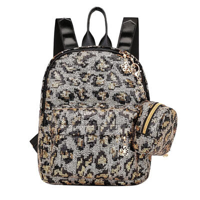

2pcsset Sequins Leopard Backpack Women Travel Shoulder Bags Coin Purse