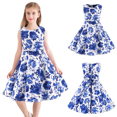 

Kids Teen Children Girls 1950s Retro Sleeveless Floral Print Bow Princess Dress