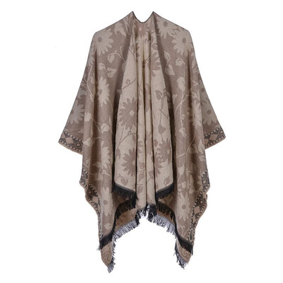 

Women Poncho Cardigan Sweater Contrast Color Floral Print Cashmere Capes Shawl Scarf Outerwear