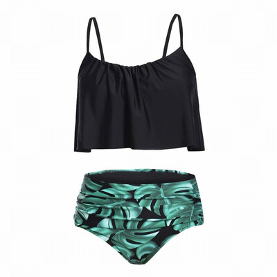 

Strap bra bikini high waist print split swimsuit