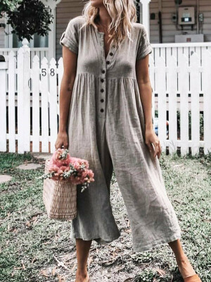 

Fashion Womens Casual Short Sleeve Button Down Loose Linen Baggy Jumpsuits Playsuit Long Trousers Overalls