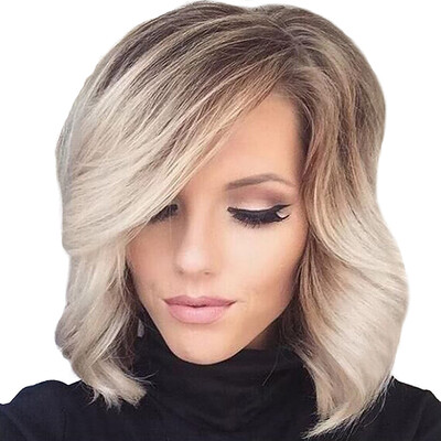 

〖Follure〗Short Wavy Bobo Human Hair Rose net Wig Glueless Front Wigs KhakiWomen