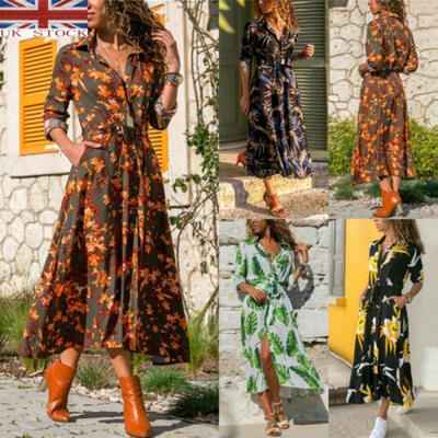 

UK Women Casual Long Sleeve Beach Floral Boho Long Maxi Shirt Dress Sundress