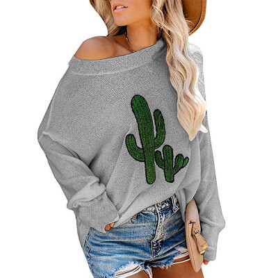 

Womens Ladies Casual Concise Autumn Cactus Embroidered Round Neck Long Sleeves Sweater T-shirt