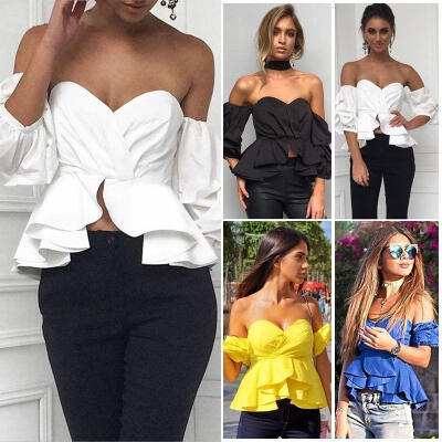 

Fashion Women Off Shoulder Crop Tops Summer Loose Casual Shirts T-shirt Blouse